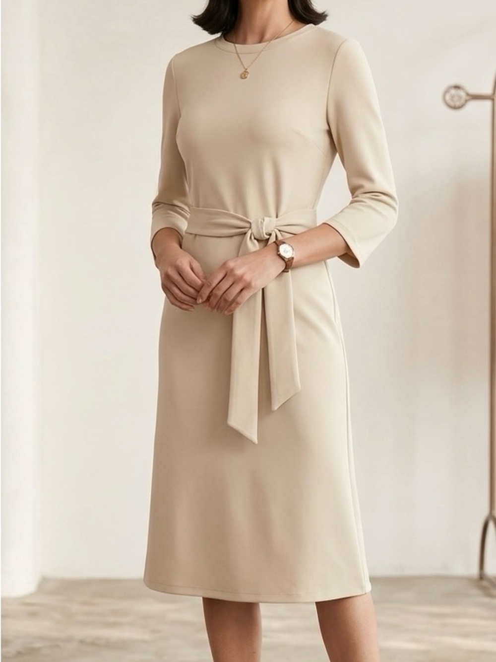 Tahari Beige Knit Sweater Dress Large Tie Waist Midi Office Modest Minimalist